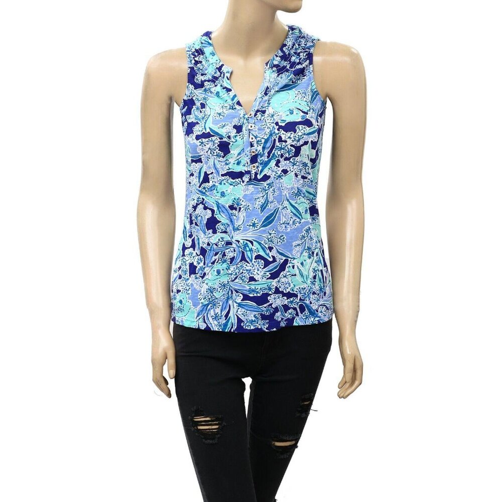 Lilly Pulitzer Essie Tank Blouse Top Smocked Printed Resort Cotton XS 256496 - Picture 3 of 7